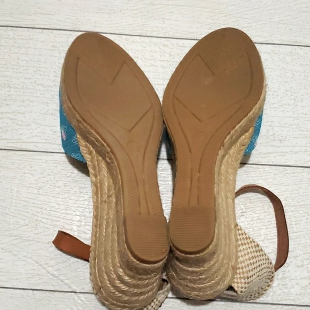 Anthropologie 39 canvas espadrilles wedges blue and cream shoes